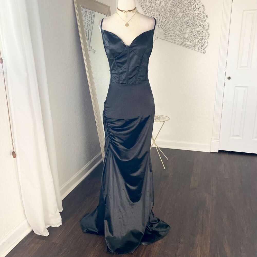 Black Satin Corset Cinched Old Hollywood Maxi Slit mermaid Prom Formal Dress XL
